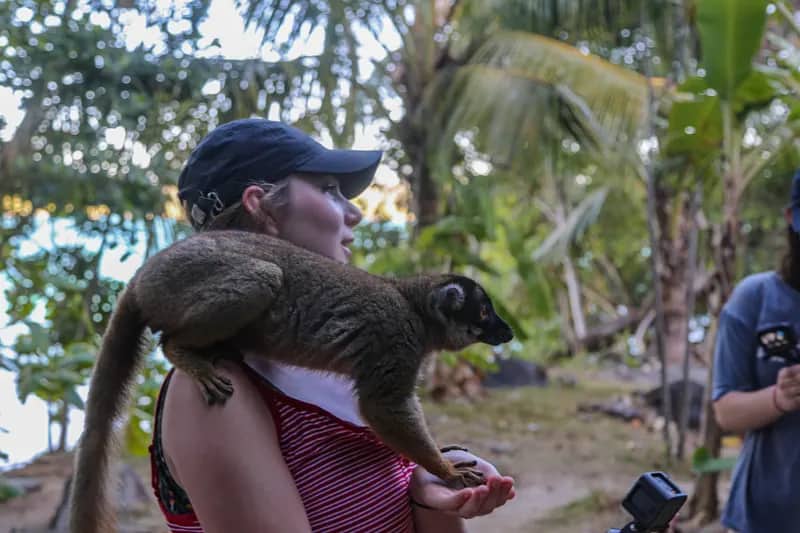 Freiwillige mit Lemur auf der Schulter im Lemurenprojekt Nosy Be auf Madagaskar